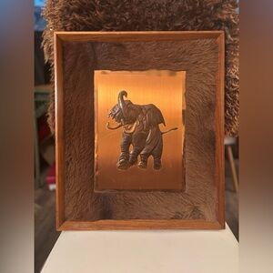 Vintage Embossed Copper Elephant Wall Art • Framed Plaque African Inspired Decor